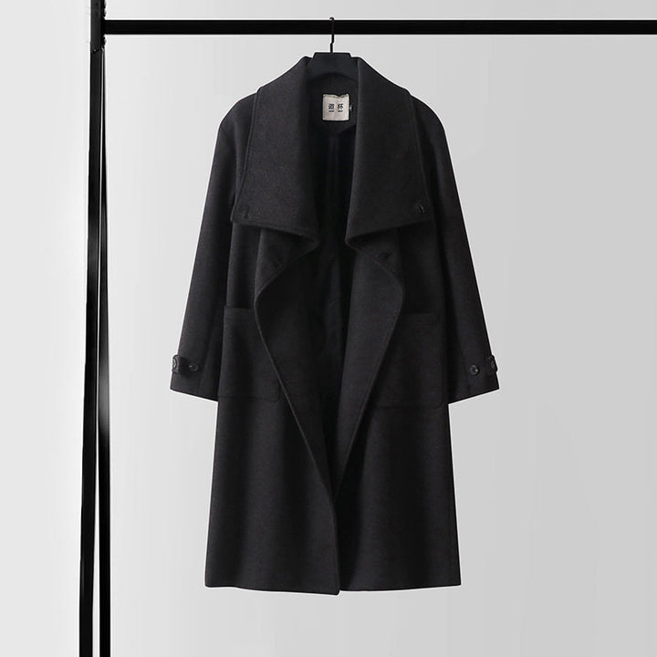 Damen Eleganter langer Wollmix-Cocoon-Mantel mit überlappendem Schalkragen und aufgesetzten Taschen Echoarchiv