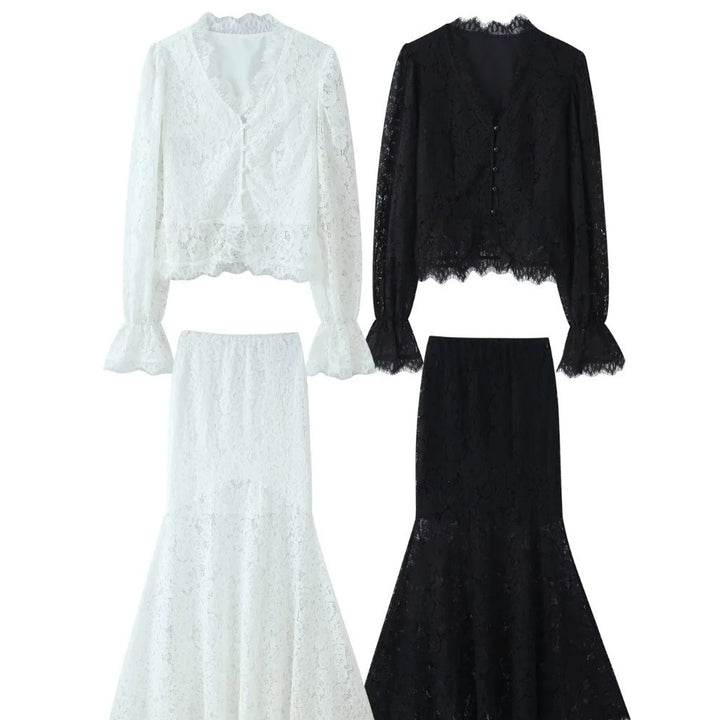 Damen 20+ zweiteiliges Spitzen‑Set: taillierte Bluse mit Volantärmeln und ausgestelltem Mermaid‑Midirock Echo Archiv