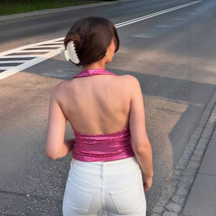 Damen Rückenfreies Top mit tiefem V-Ausschnitt und raffinierten Rüschendetails Echo Archiv