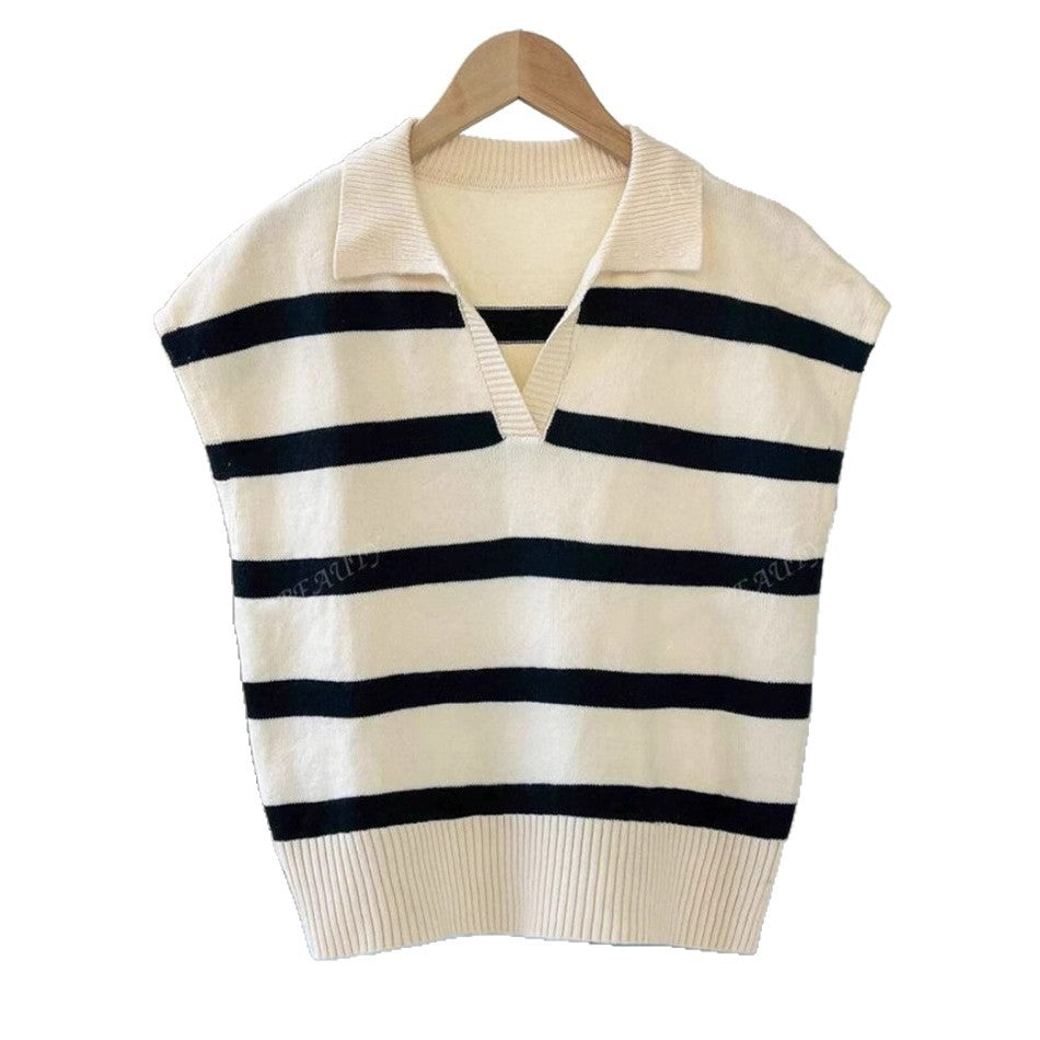 Damen Gestreiftes Kurzarm-Stricktop mit V-Kragen und überschnittener Schulter – Avérine
