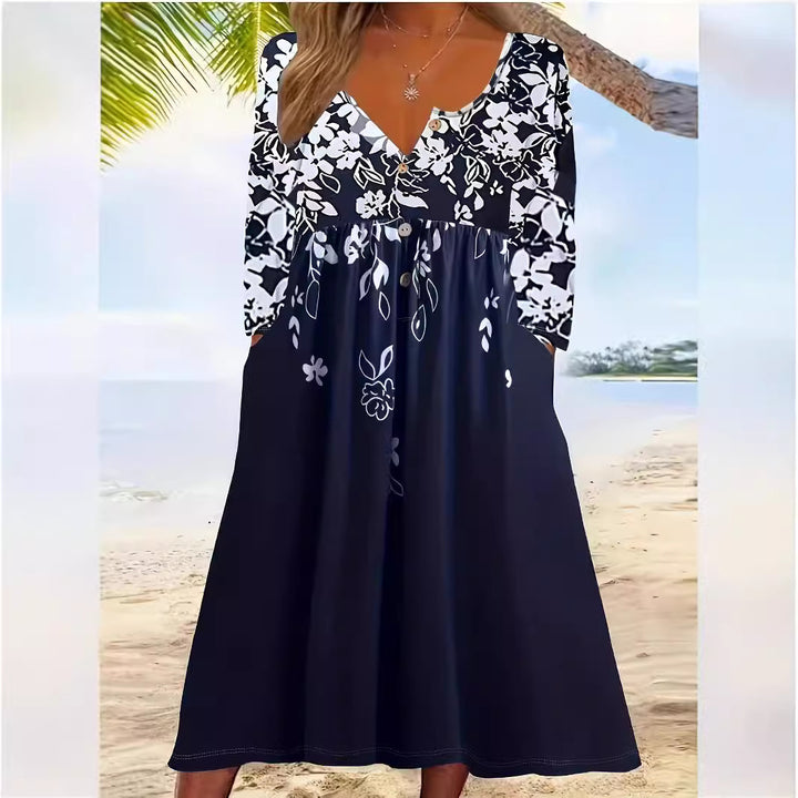 Damen Maxikleid mit V-Ausschnitt, Blumenprint, Knopfleiste und Eingrifftaschen Echoarchiv