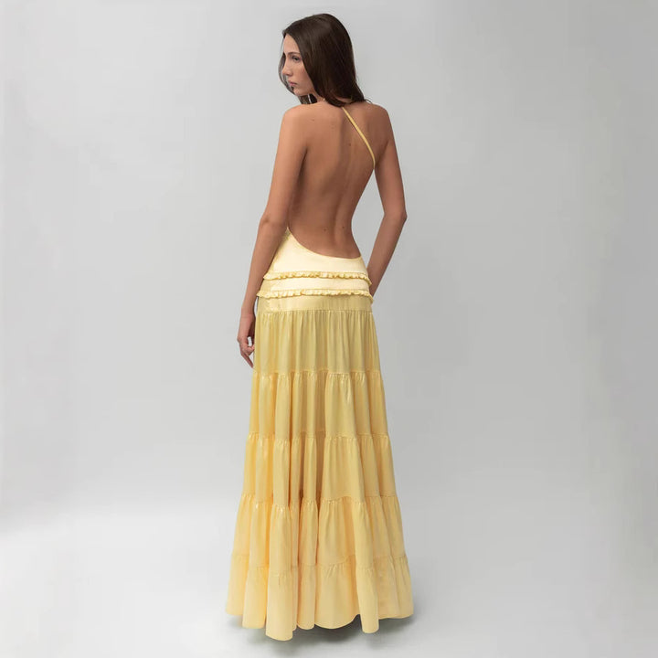 Damen elegantes asymmetrisches Maxikleid mit Rüschendetails Echo Archiv