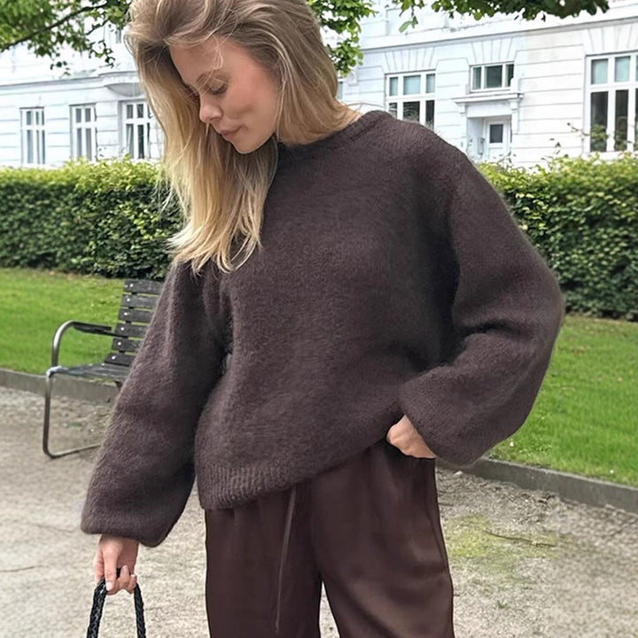 Damen Flauschiger Rundhals-Pullover mit Ballonärmeln und kastiger Silhouette Echoarchiv