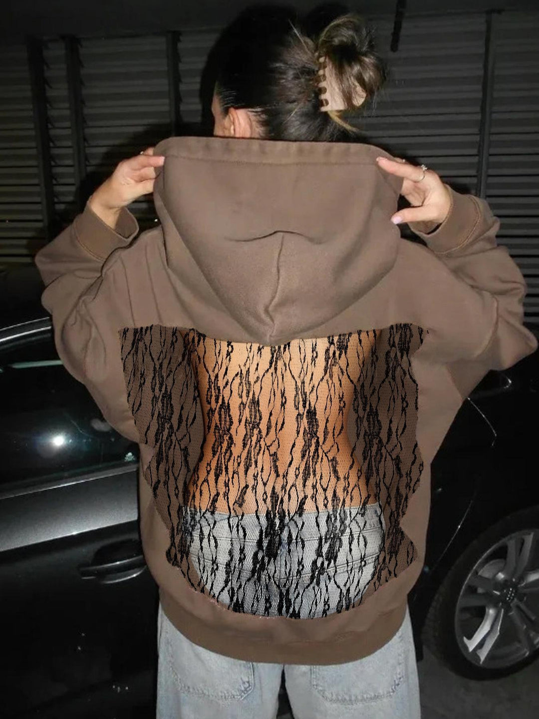 Damen Hoodie mit glitzerndem Mesh-Rückenapplikation – Auréline