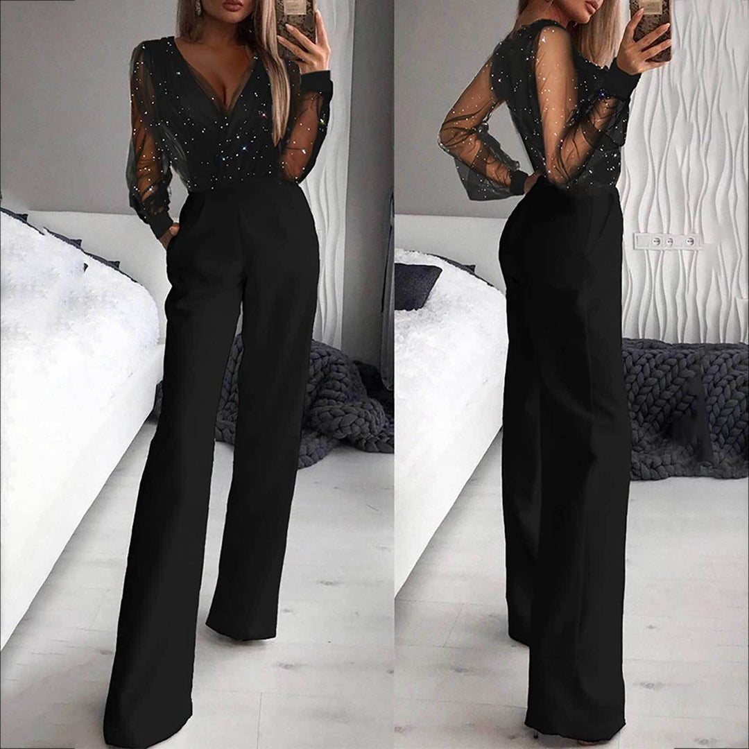 Damen Eleganter Jumpsuit mit transparenten Ärmeln und funkelnden Details Echo Archiv