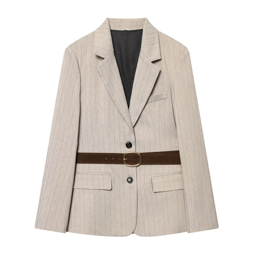 Damen taillierter Nadelstreifen-Blazer mit dekorativem Gürtel und Pattentaschen – Valéne