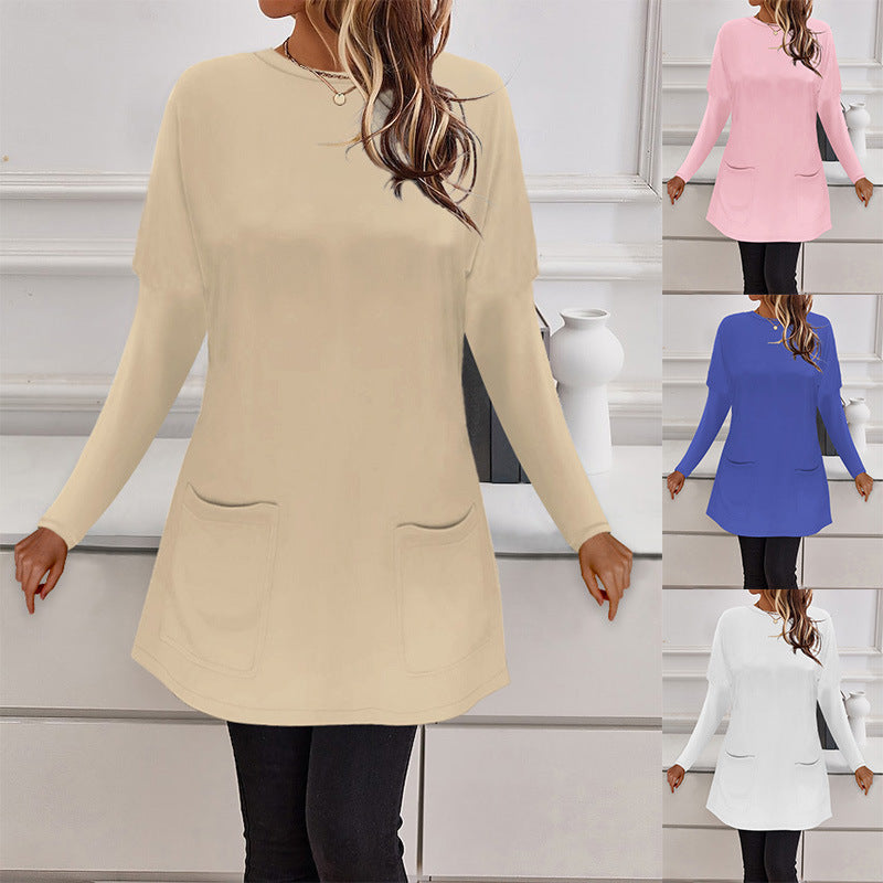 Damen Longline Feinstrick-Tunika mit Rundhalsausschnitt und aufgesetzten Taschen – Mavelle