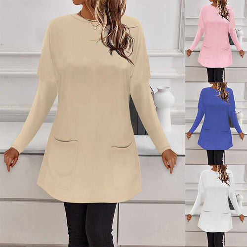 Damen Longline Feinstrick-Tunika mit Rundhalsausschnitt und aufgesetzten Taschen – Mavelle