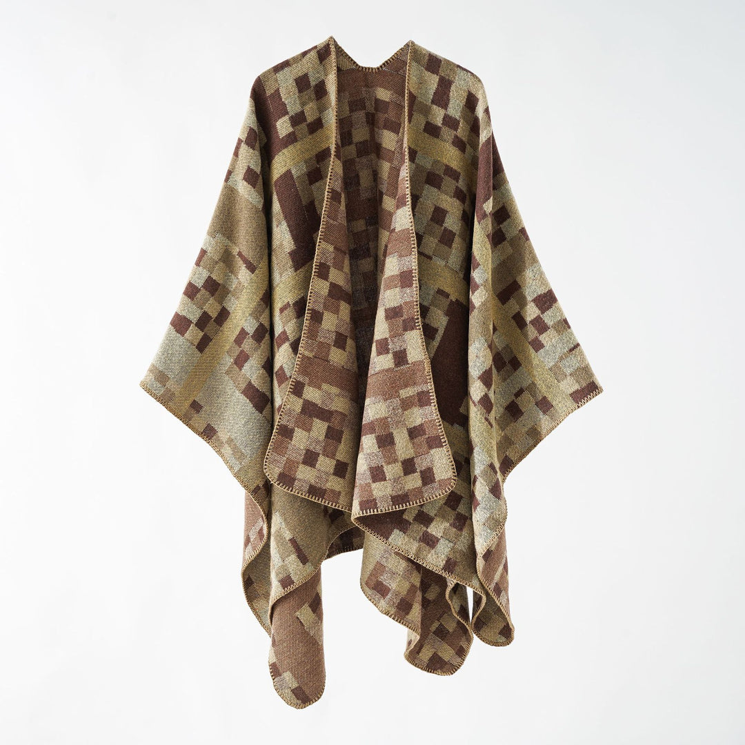 Damen Kastiger Webponcho mit grafischem Jacquard und Kettelkante Echo Archiv