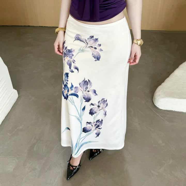 Damen A-Linien Midirock aus leichtem Viskose-Mix mit künstlerischem Blumenprint – Rosévia