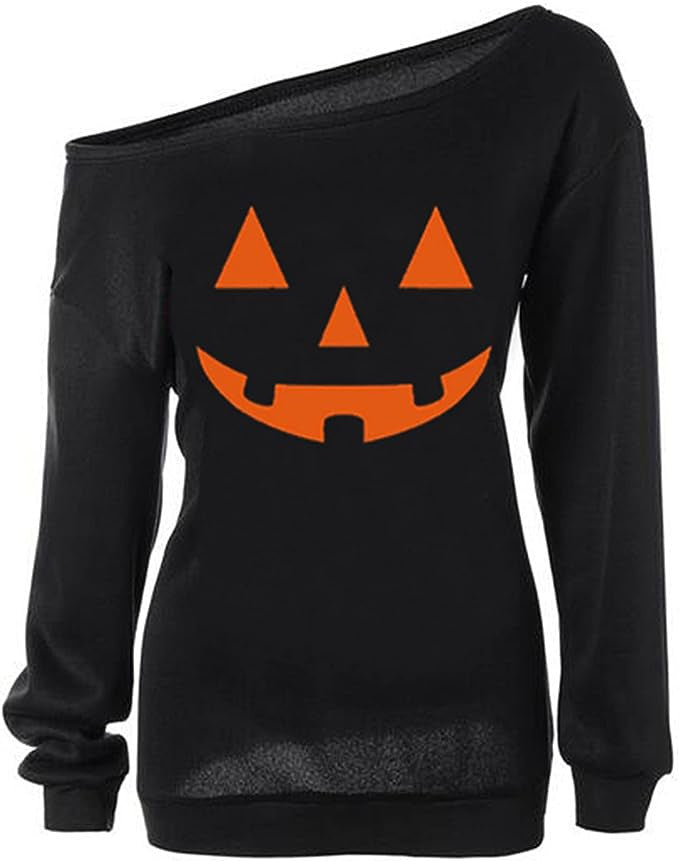 Damen Oversize Off-Shoulder Strickpullover mit Halloween-Kürbismotiv Echo Archiv