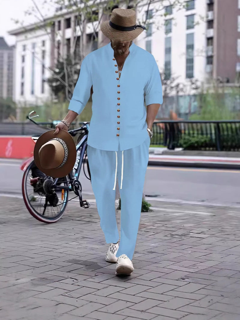 Herren Lässiges Kurzarmhemd mit eleganter Knopfleiste und Freizeit-Hose Echoarchiv