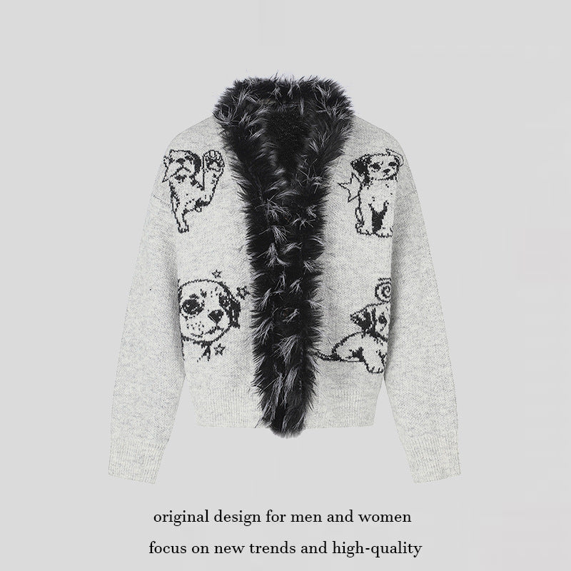 Damen Strickjacke mit Kunstfellkragen und illustrativem Hundemotiv Echoarchiv