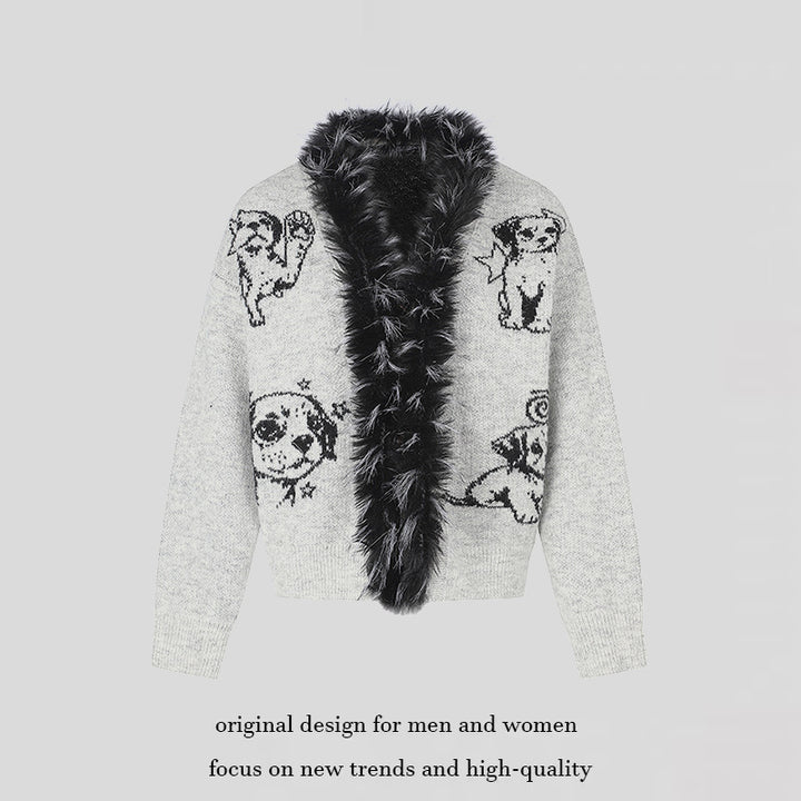 Damen Strickjacke mit Kunstfellkragen und illustrativem Hundemotiv Echoarchiv