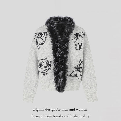 Damen Strickjacke mit Kunstfellkragen und illustrativem Hundemotiv Echoarchiv