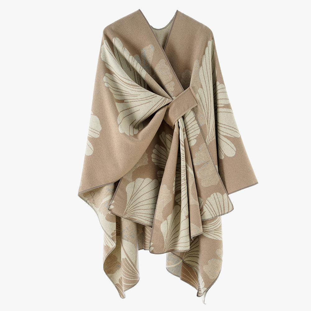 Damen Wickelponcho aus Jacquard mit floralem Muster und Taillengürtel – Avérine