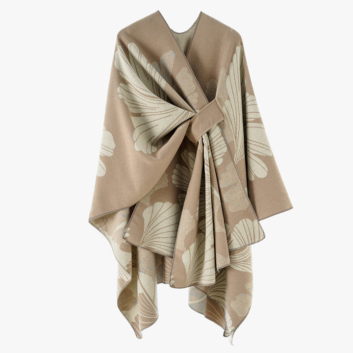 Damen Wickelponcho aus Jacquard mit floralem Muster und Taillengürtel – Avérine