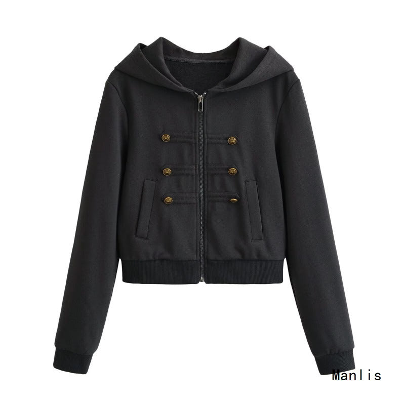 Damen Cropped Kapuzenblouson im Military‑Look mit Zierknopfleiste und geripptem Saum Echo Archiv