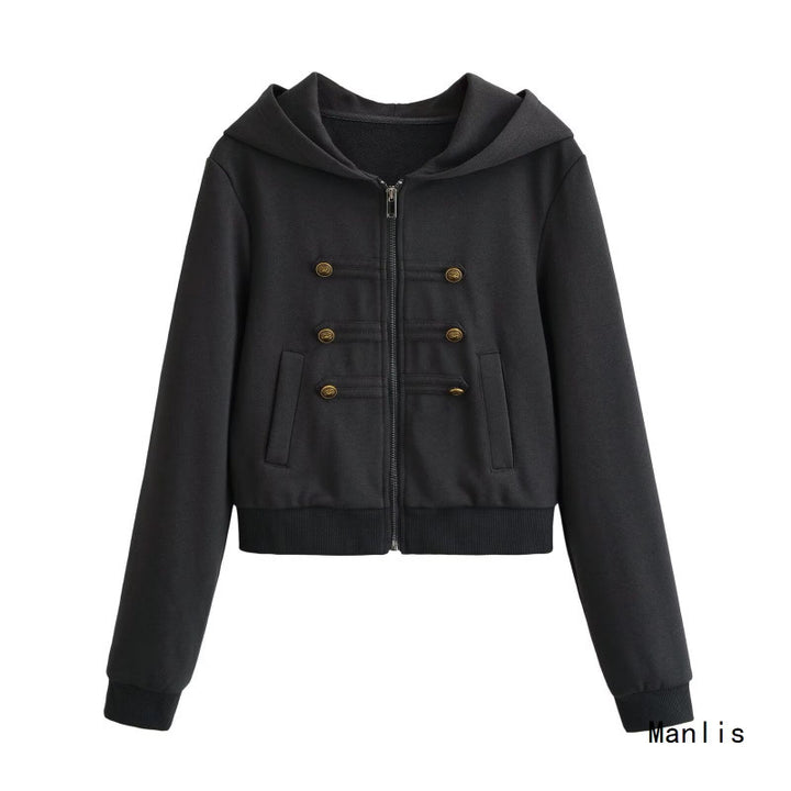 Damen Cropped Kapuzenblouson im Military‑Look mit Zierknopfleiste und geripptem Saum Echo Archiv