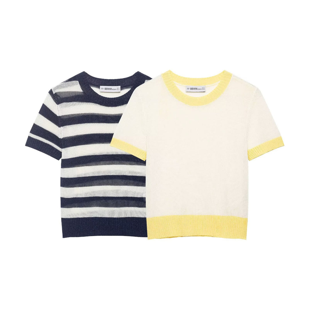 Damen lässiges Kurzarmshirt mit maritimem Streifenmuster und feiner Strickstruktur Echo Archiv