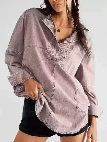 Damen Oversize-Denim-Tunika mit Henley-Ausschnitt und Kängurutasche Echo Archiv