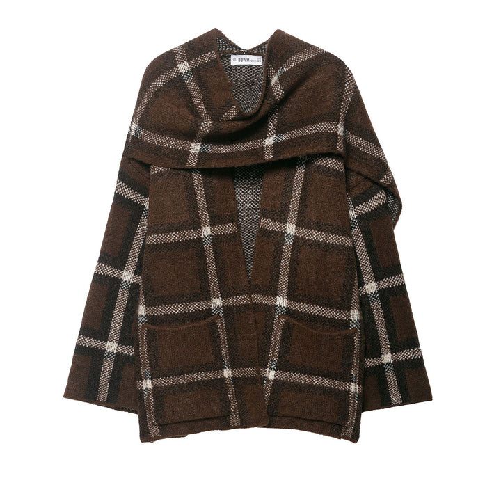 Damen Oversize Cape-Cardigan mit Kapuze, aufgesetzten Taschen und Karomuster Echoarchiv