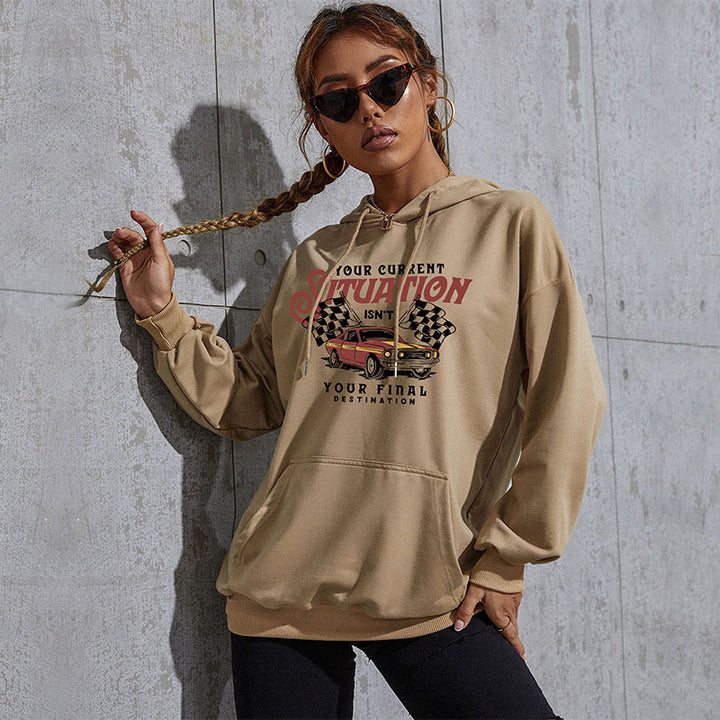 Damen Oversize-Kapuzenpullover mit Vintage-Racer-Print, Kängurutasche und geripptem Saum Echoarchiv