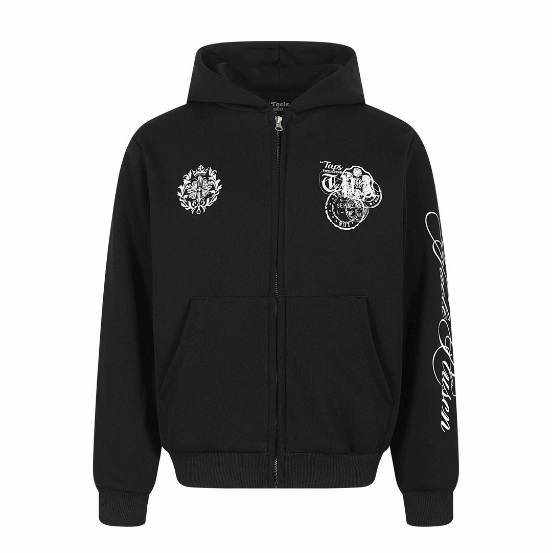 Unisex Kapuzen‑Sweatjacke mit durchgehendem Reißverschluss, Kängurutasche und ornamentalen Siegel‑Prints Echoarchiv