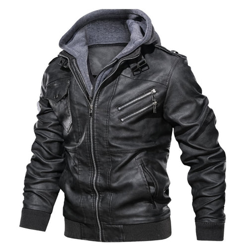 Herren Kunstleder-Bomberjacke mit Kapuze Fleece-Innenfutter und Multifachtaschen – Brevano
