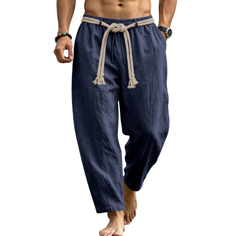 Herren lässige Leinen-Loungehose mit elastischem Bund, dekorativem Seilgürtel und Seitentaschen Echoarchiv