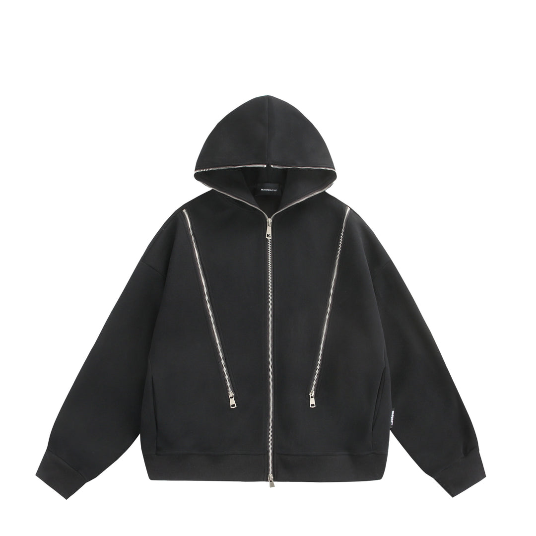Unisex Kapuzen-Sweatjacke mit Doppelreißverschluss und Ziernaht-Panel Echoarchiv