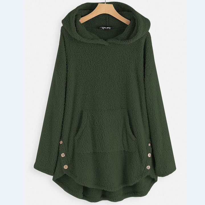 Damen nan kuscheliger Teddy-Kapuzenpullover mit Kängurutasche, Knopfleiste an den Seiten und abgerundetem Saum Echo Archiv
