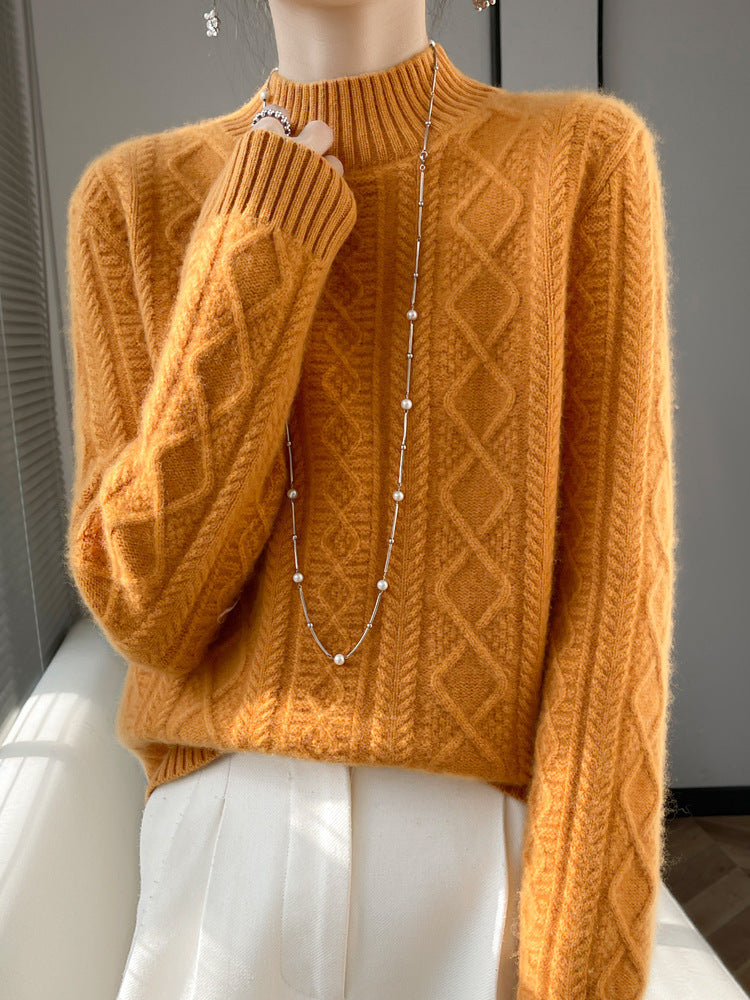 Damen Kuscheliger Mohair‑Optik Mockneckpullover mit Rautenzopfstruktur und kastiger Silhouette Echoarchiv