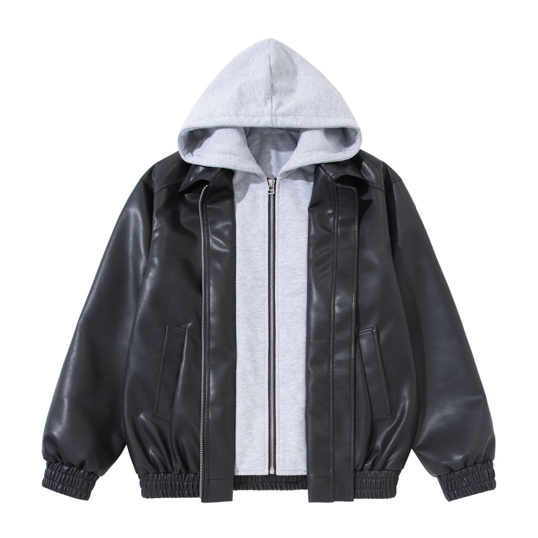 Herren Boxy-Lederblouson mit angenähter Jersey-Kapuze und geripptem Saum Echoarchiv