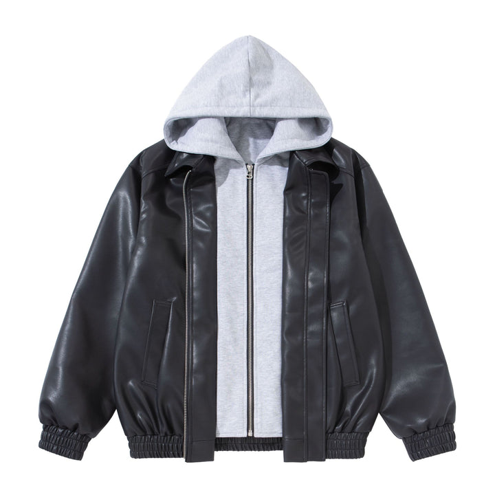 Herren Boxy-Lederblouson mit angenähter Jersey-Kapuze und geripptem Saum Echoarchiv