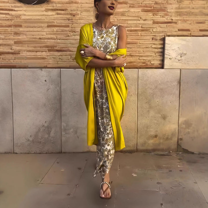 Damen Lange Wickel-Kaftankleid mit ärmellosem Unterkleid und fließendem Overshirt Echoarchiv