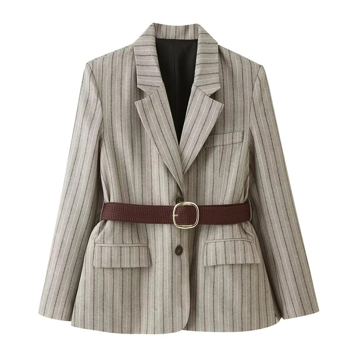Damen taillierter Nadelstreifen-Blazer mit dekorativem Gürtel und Pattentaschen – Valéne