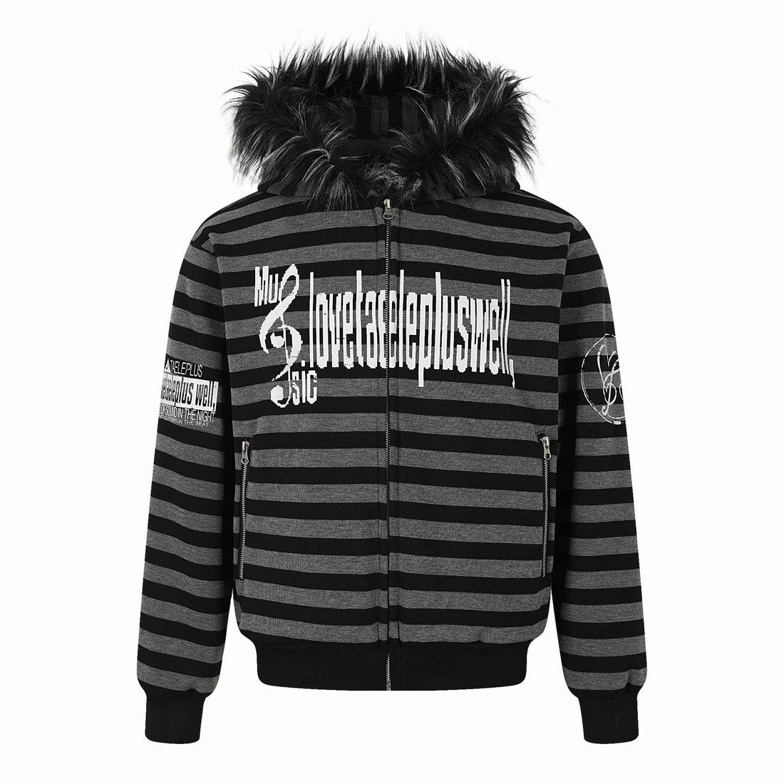 Unisex Gestreifte Kapuzenblousonjacke mit Kunstfellkapuze und Reißverschlusstaschen Echoarchiv
