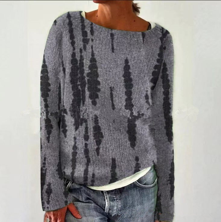 Damen nan melierter Rundhalsausschnittpullover mit kreisförmigem Jacquard-Yoke und geripptem Saum Echo Archiv