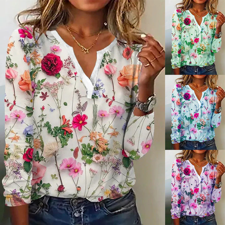 Damen Floral Lange Bluse im Chiffon-Look mit V-Schlitz und Lässiger Silhouette Echoarchiv