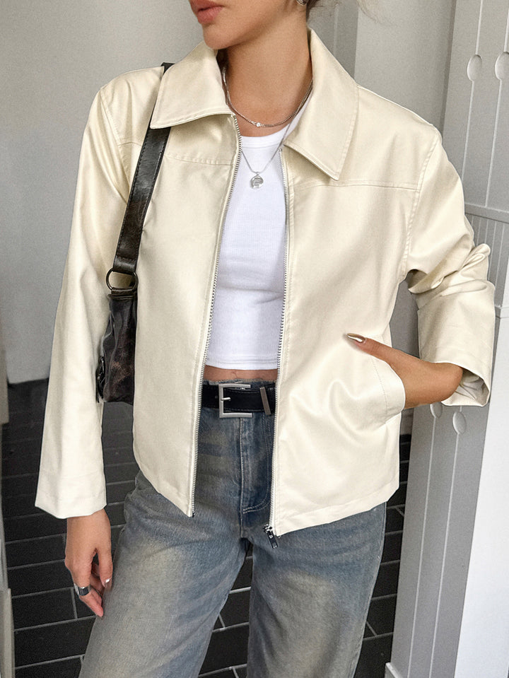 Damen elegante Kunstlederjacke mit Reißverschluss, Hemdkragen und Eingrifftaschen – Célinea