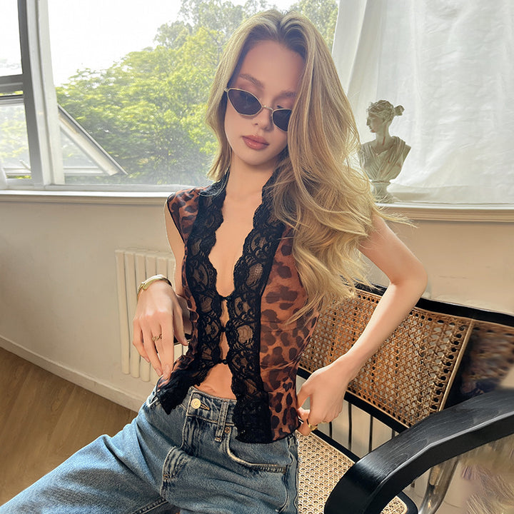 Damen Sexy Spitzenoberteil mit Leopardenmuster Echo Archiv
