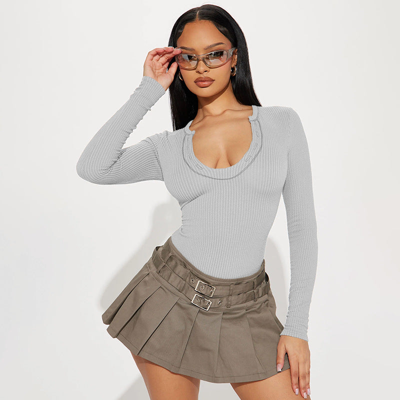 Damen Figurbetonter Rippshirt-Body mit langen Ärmeln und hohem Beinschnitt – Bodéline