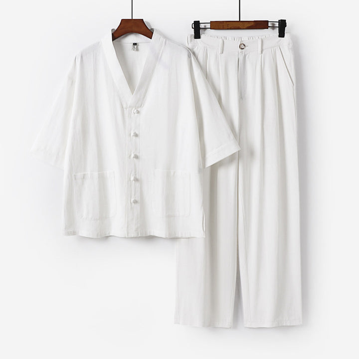 Unisex Zen-inspiriertes Relax-Set mit Kurzarm-Kimono-Oberteil, verdeckter Knopfleiste und elastischer Bundhose Echoarchiv