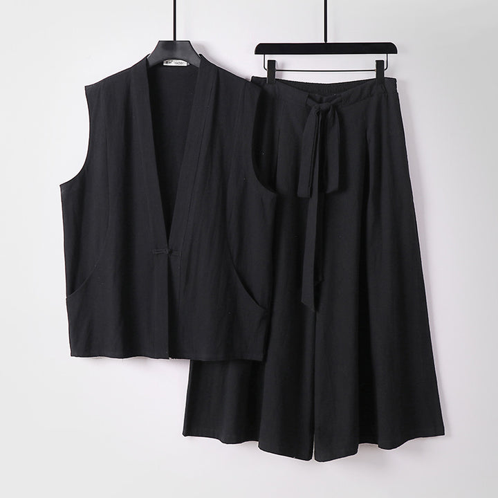 Damen Ärmelloses Kimono-Loungewear-Set aus leichtem Viskose-Leinen mit Bindeweste und weiten Palazzo-Hose Echoarchiv