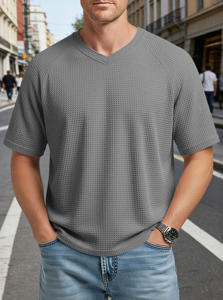 Herren nan lässiges V-Ausschnitt Waffelstrick-T-Shirt aus atmungsaktivem Baumwollmix Echo Archiv