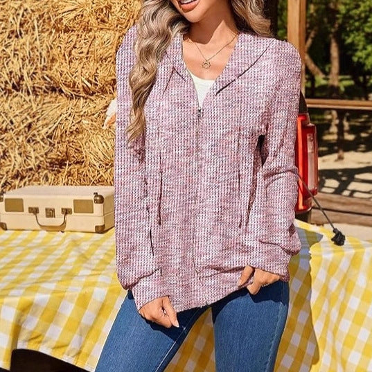 Damen Leichter Strick-Kapuzencardigan mit durchgehendem Reißverschluss und Eingrifftaschen – Veloura