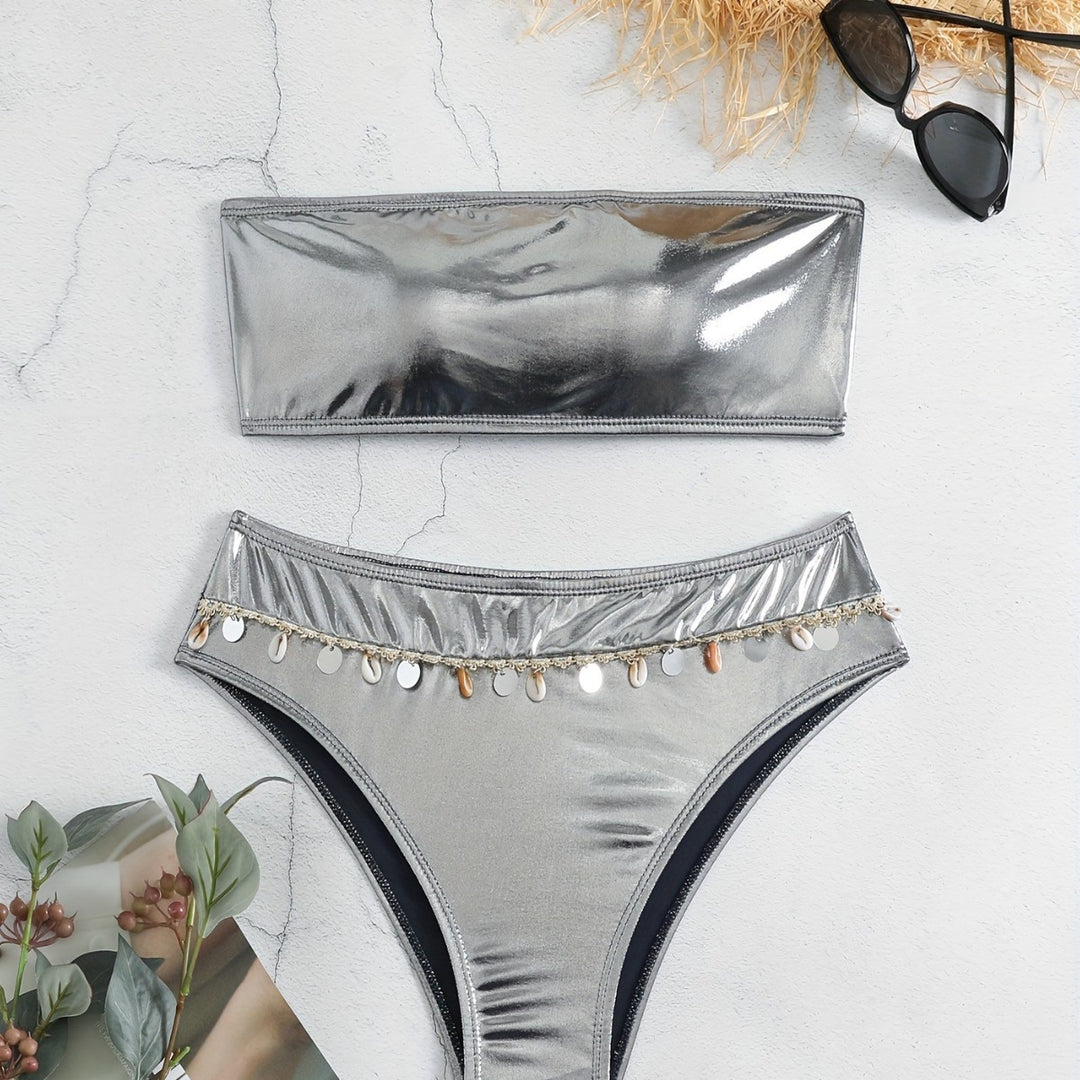 Damen Bandeau-Bikini mit eleganter Glanzoptik und modischen Muscheldetails Echo Archiv