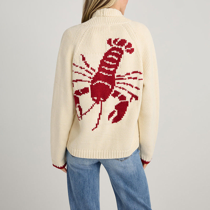 Damen Grobstrick Rollkragenpullover mit Hummer-Intarsie und lässiger Oversize-Passform Echoarchiv