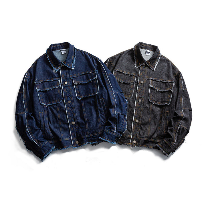 Herren Oversize Jeansjacke mit ausgefransten Kanten und großen Pattenstaschen Echoarchiv